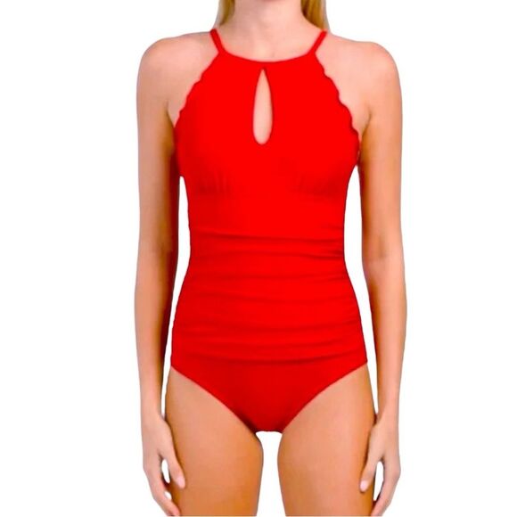 Ellen Tracy Ruched High Neck Ruffle Keyhole One-Piece Swimsuit Siren Red Size 14 - Picture 1 of 12